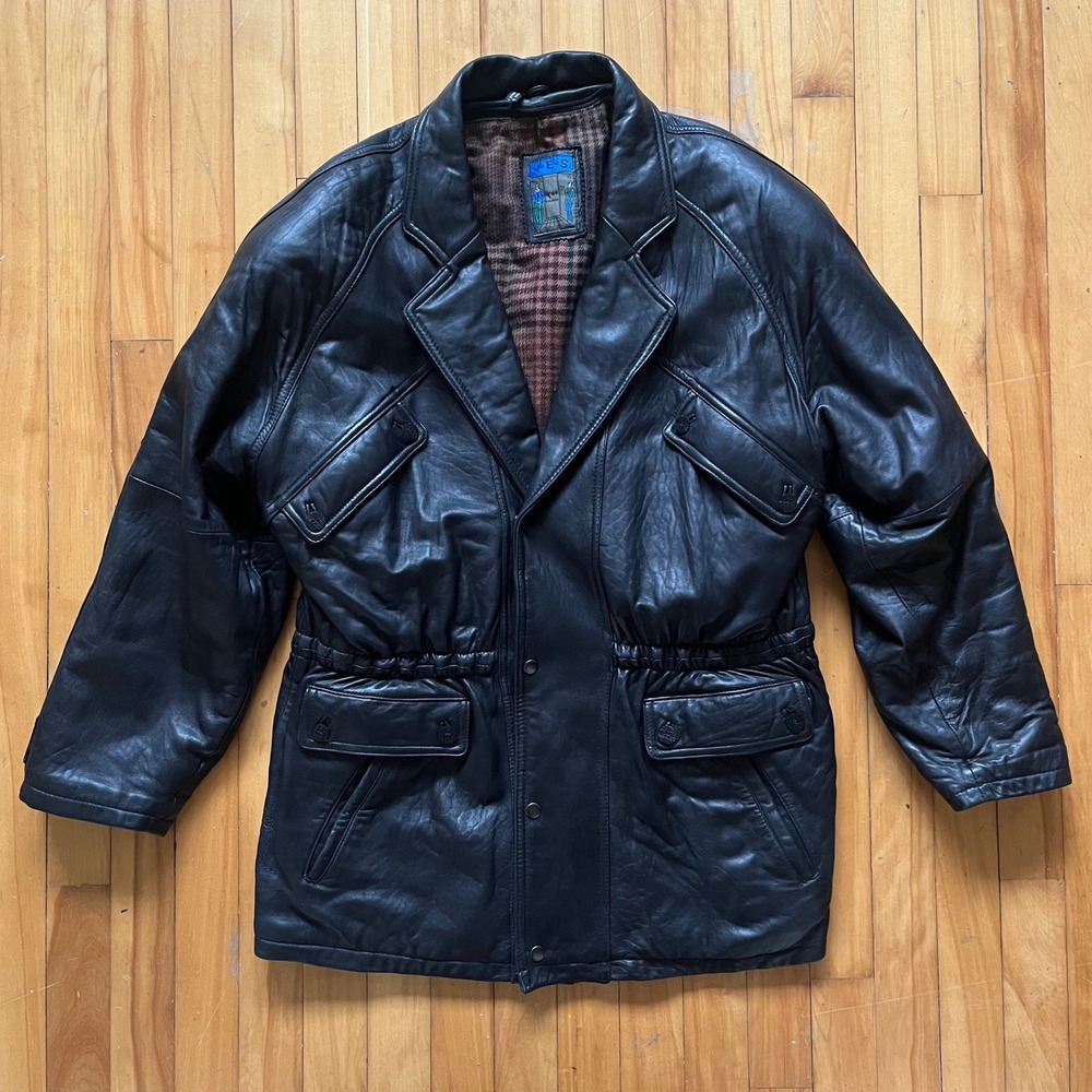 YES Mens Black Leather Jacket Blazer Style Plaid Lined Drawstring Waist Size L